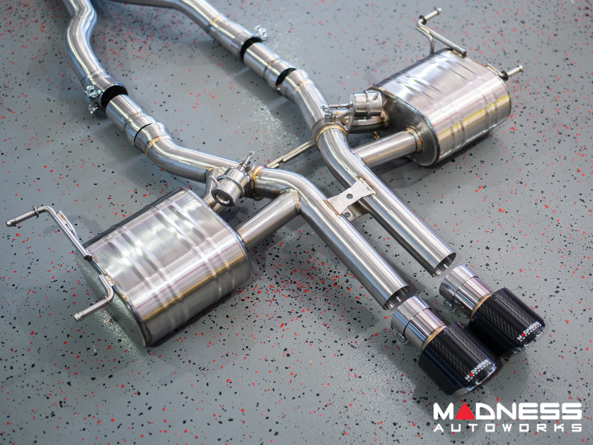 Jaguar F-TYPE Performance Exhaust System - MADNESS - 2.0L Turbo - Center Exit - Vacuum Valve Design - Carbon Fiber Exhaust Tips